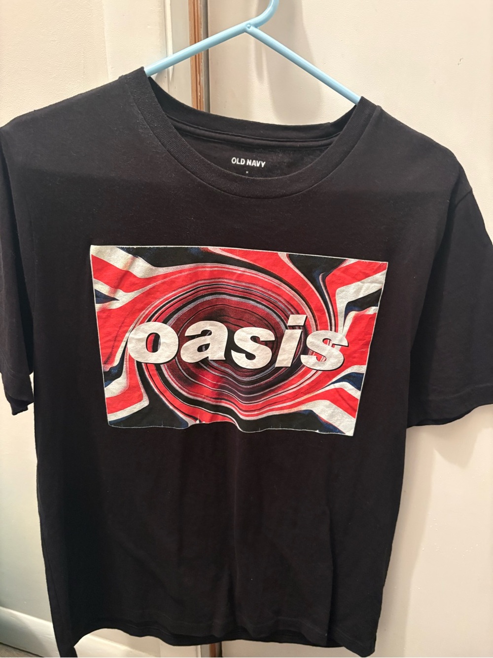 Old Navy Black Tee with Red, White & Blue Oasis Graphic